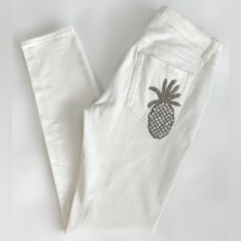 Dolce & Gabbana White/Gold Pineapple-Pocket Skinny Jeans, Size US 8 / IT 42